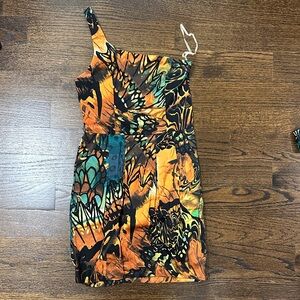 AKIRA Vibrant Orange and Green One-Shoulder Dress